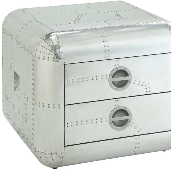 HomeRoots 22" Silver Aluminum Aviator-End Table with Two Felt-Lined Drawers - Vintage Industrial Charm 485841