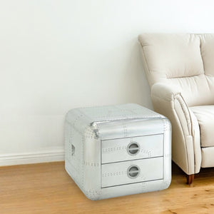 HomeRoots 22" Silver Aluminum Aviator-End Table with Two Felt-Lined Drawers - Vintage Industrial Charm 485841