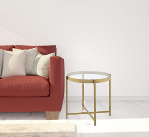 HomeRoots 24" Gold and Clear Glass Round End Table – Elegant Compact Design for Stylish Living Spaces & Versatile Use 485842