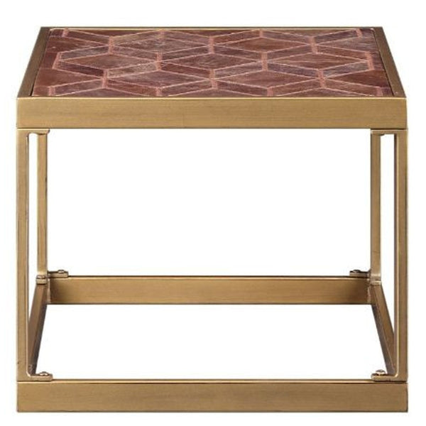 Homeroots 16" Brass And Warm Brown Leather Rectangular End Table   485843