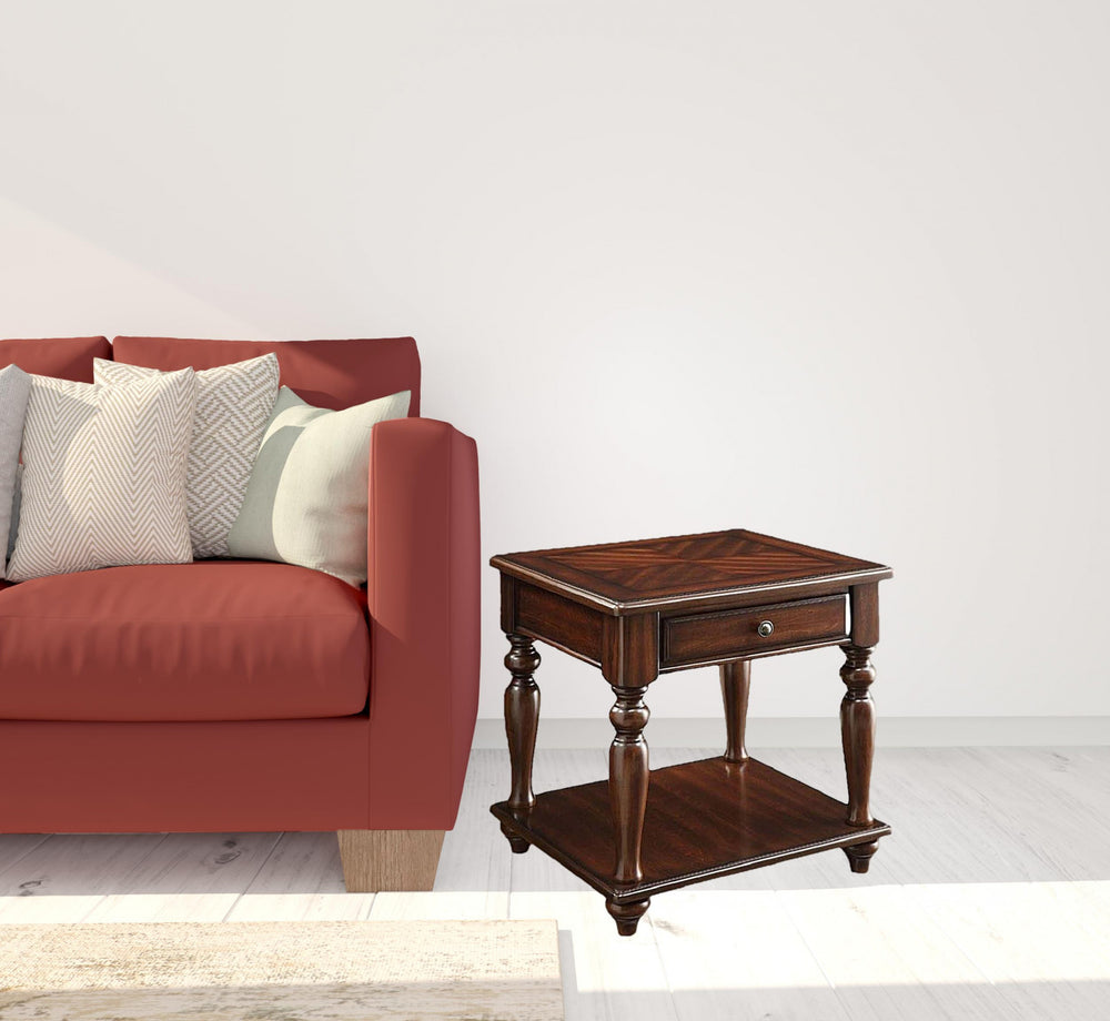 Homeroots 24" Walnut Manufactured Wood Rectangular End Table With Drawer And Shelf   485848