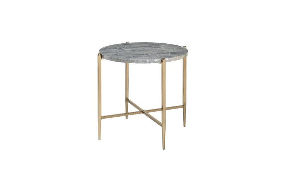 HomeRoots 24" Round Modern End Table with Champagne Metal and Light Gray Wood - Versatile Accent Piece 485862