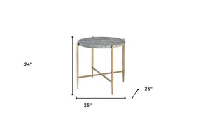 HomeRoots 24" Round Modern End Table with Champagne Metal and Light Gray Wood - Versatile Accent Piece 485862
