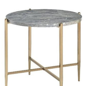 HomeRoots 24" Round Modern End Table with Champagne Metal and Light Gray Wood - Versatile Accent Piece 485862