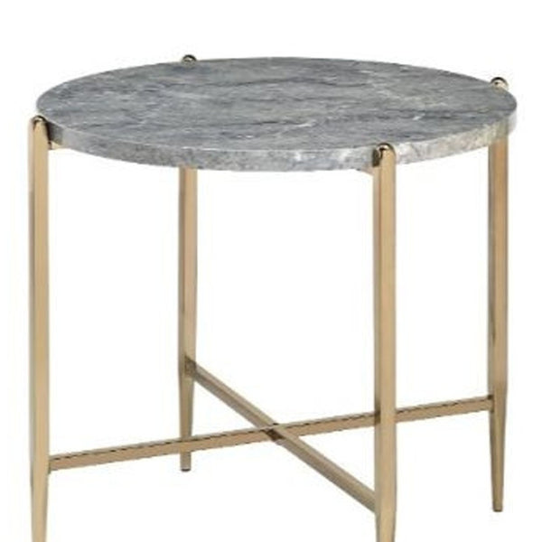 HomeRoots 24" Round Modern End Table with Champagne Metal and Light Gray Wood - Versatile Accent Piece 485862