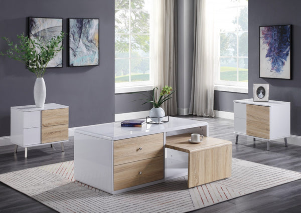 HomeRoots 22" White High Gloss End Table - Modern Rectangular Design with 2 Drawers for Chic Storage Solutions 485870