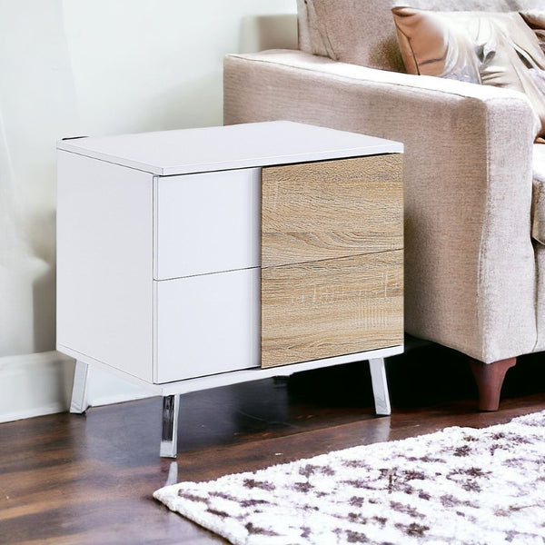 HomeRoots 22" White High Gloss End Table - Modern Rectangular Design with 2 Drawers for Chic Storage Solutions 485870