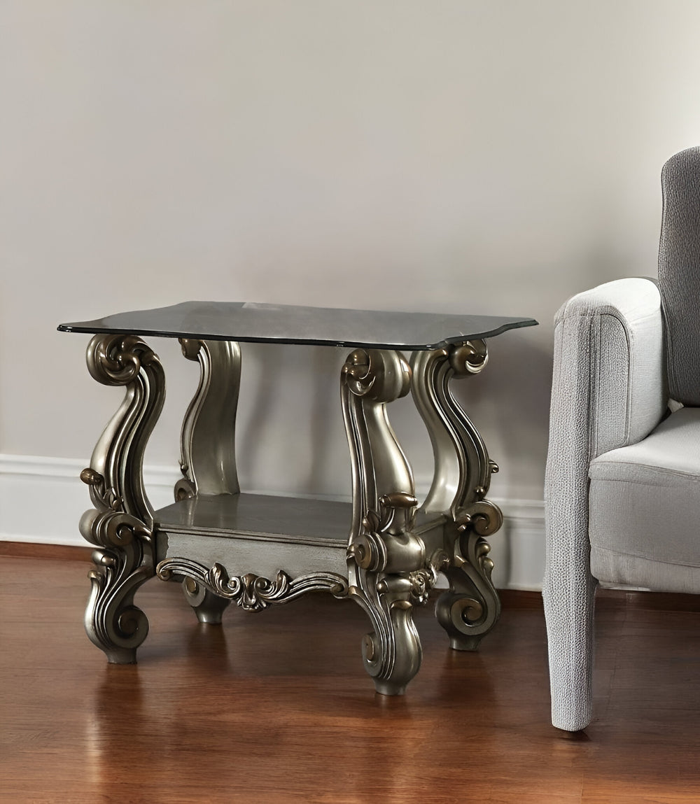 Homeroots 26" Platinum And Clear Glass And Solid Wood Square End Table With Shelf   485874