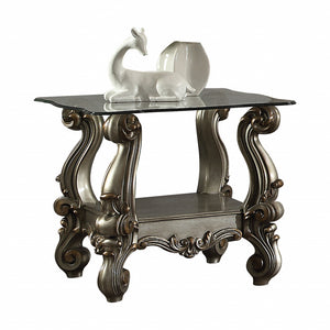 Homeroots 26" Platinum And Clear Glass And Solid Wood Square End Table With Shelf   485874