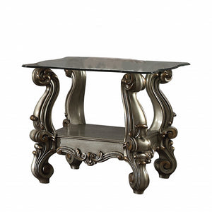 Homeroots 26" Platinum And Clear Glass And Solid Wood Square End Table With Shelf   485874