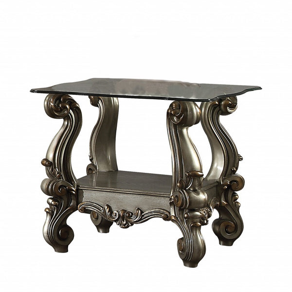 Homeroots 26" Platinum And Clear Glass And Solid Wood Square End Table With Shelf   485874