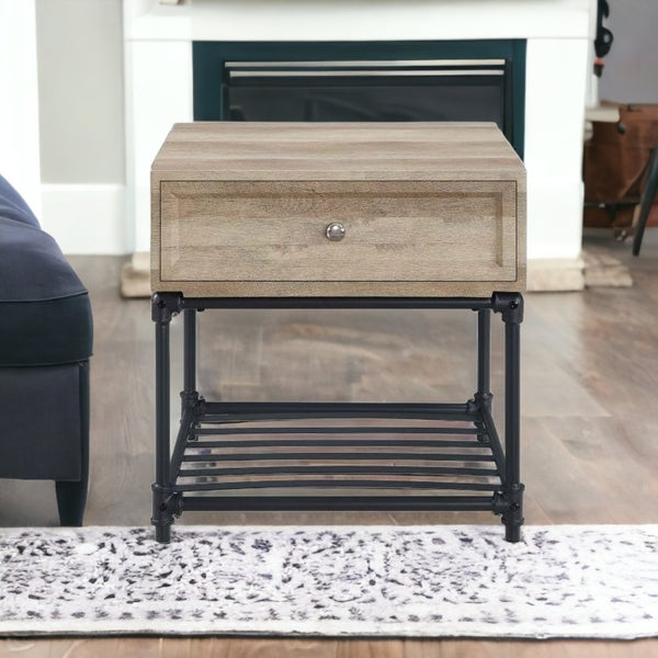 HomeRoots 22" Sandy Black and Oak Square End Table with Drawer & Shelf - Stylish & Versatile Accent for Any Room 485882