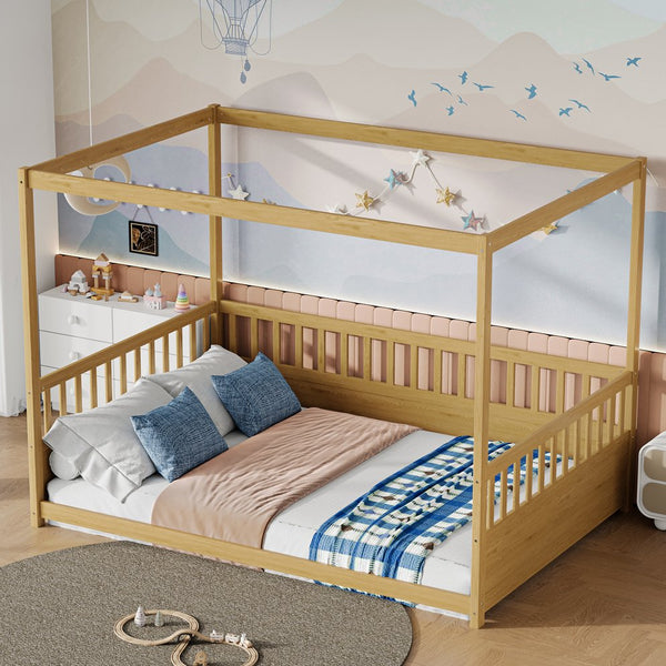 English Elm Full Canopy Bed Frame with Guardrails for Kids Full Size Pine Wood Montessori Floor Bed Cozy Canopy Natural Wood W1858P252841