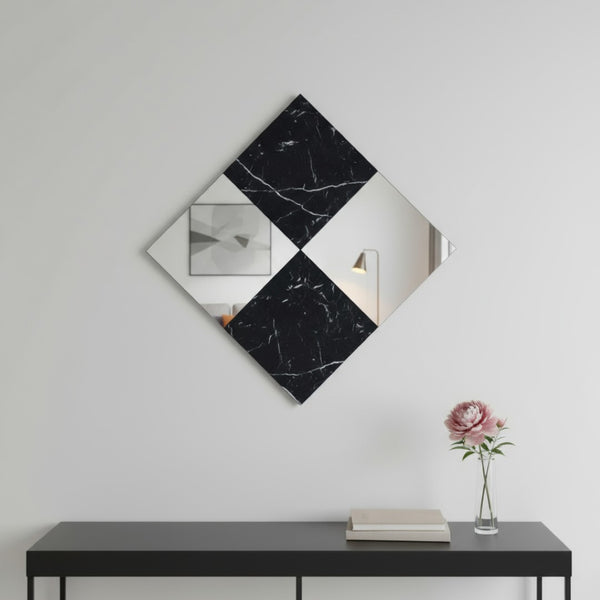 HomeRoots 32" Striking Black and Gray Square Accent Mirror with Faux-Marble Frame for Stylish Decor 485916