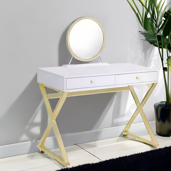 Homeroots 31" White & Gold Finish Round Dresser Mirror   485927