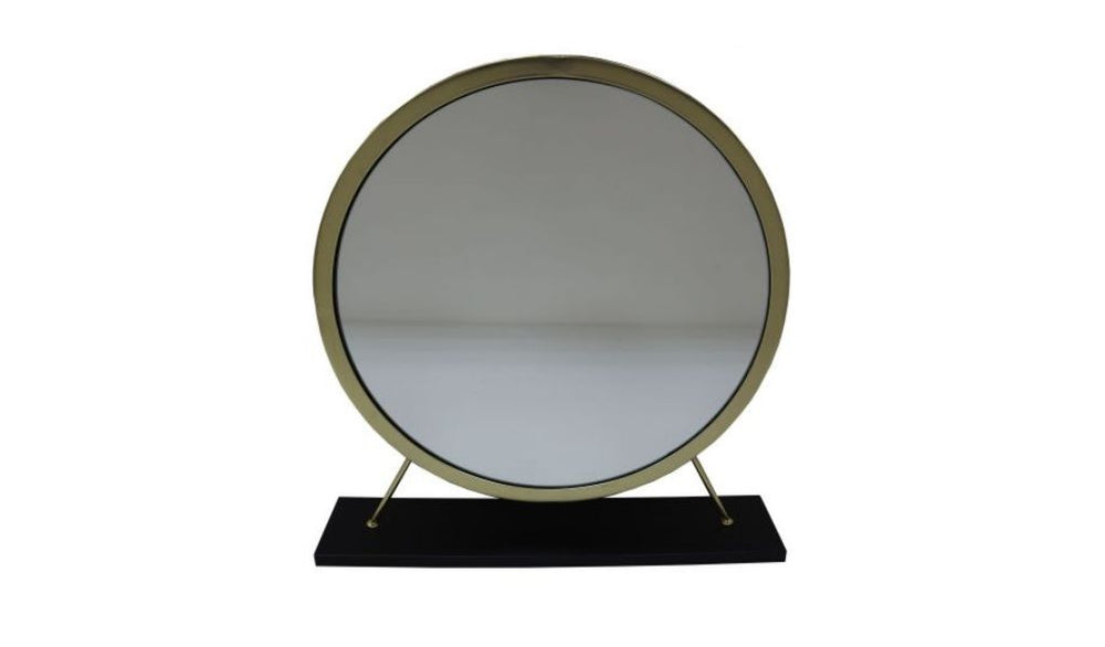Homeroots 19" Faux Fur, Mirror, Black & Brass Finish Round Makeup Shaving Tabletop Mirror  Metal,Mirror,Upholstery,Composite Wood 485937