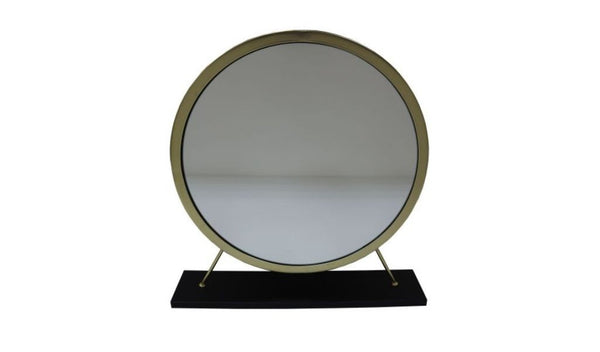 Homeroots 19" Faux Fur, Mirror, Black & Brass Finish Round Makeup Shaving Tabletop Mirror  Metal,Mirror,Upholstery,Composite Wood 485937
