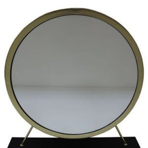 Homeroots 19" Faux Fur, Mirror, Black & Brass Finish Round Makeup Shaving Tabletop Mirror  Metal,Mirror,Upholstery,Composite Wood 485937