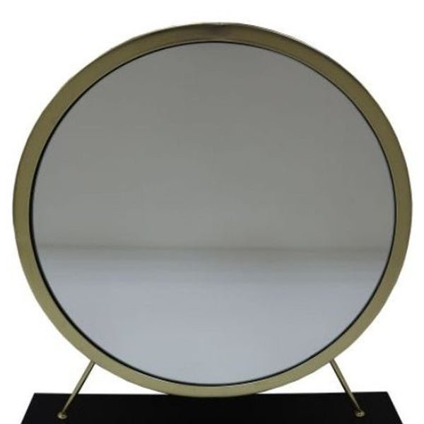 Homeroots 19" Faux Fur, Mirror, Black & Brass Finish Round Makeup Shaving Tabletop Mirror  Metal,Mirror,Upholstery,Composite Wood 485937