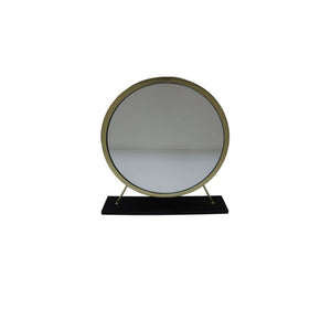 Homeroots 19" Faux Fur, Mirror, Black & Brass Finish Round Makeup Shaving Tabletop Mirror  Metal,Mirror,Upholstery,Composite Wood 485937