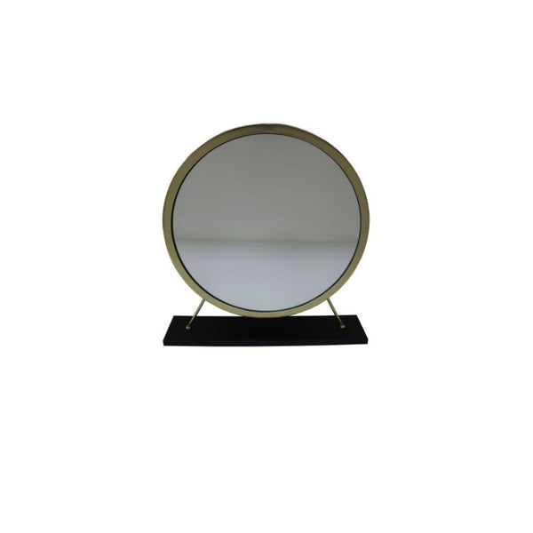 Homeroots 19" Faux Fur, Mirror, Black & Brass Finish Round Makeup Shaving Tabletop Mirror  Metal,Mirror,Upholstery,Composite Wood 485937