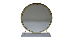 Homeroots 19" Faux Fur, Mirror, White & Brass Finish Round Makeup Shaving Tabletop Mirror  Metal,Mirror,Upholstery,Composite Wood 485938