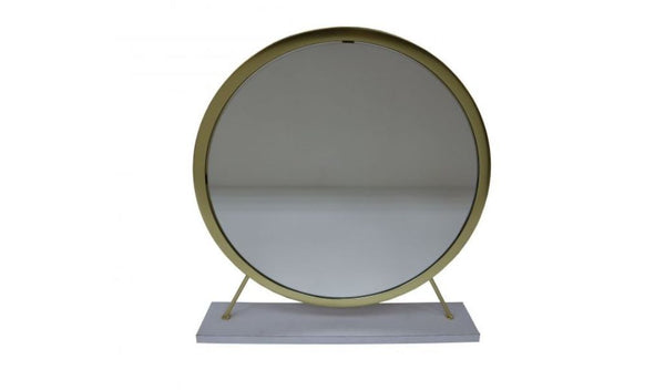 Homeroots 19" Faux Fur, Mirror, White & Brass Finish Round Makeup Shaving Tabletop Mirror  Metal,Mirror,Upholstery,Composite Wood 485938