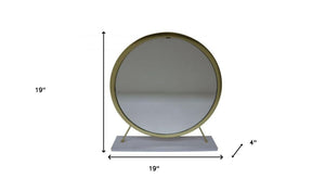 Homeroots 19" Faux Fur, Mirror, White & Brass Finish Round Makeup Shaving Tabletop Mirror  Metal,Mirror,Upholstery,Composite Wood 485938