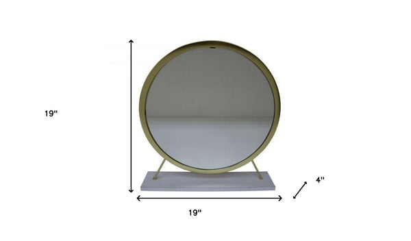 Homeroots 19" Faux Fur, Mirror, White & Brass Finish Round Makeup Shaving Tabletop Mirror  Metal,Mirror,Upholstery,Composite Wood 485938
