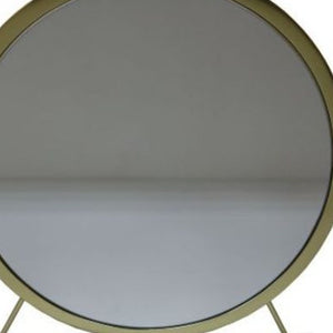 Homeroots 19" Faux Fur, Mirror, White & Brass Finish Round Makeup Shaving Tabletop Mirror  Metal,Mirror,Upholstery,Composite Wood 485938