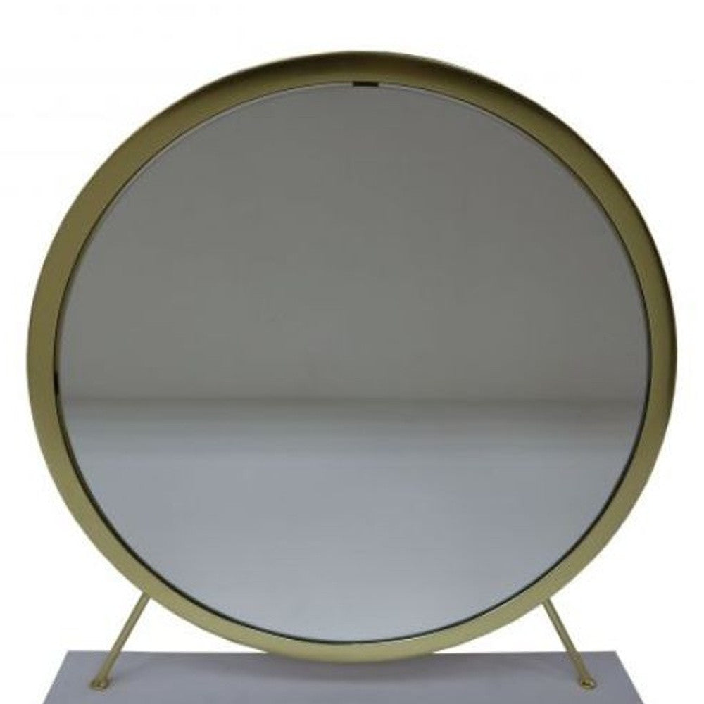 Homeroots 19" Faux Fur, Mirror, White & Brass Finish Round Makeup Shaving Tabletop Mirror  Metal,Mirror,Upholstery,Composite Wood 485938