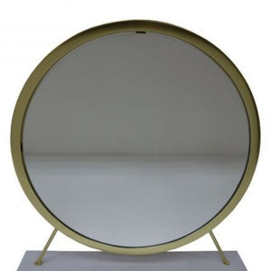 Homeroots 19" Faux Fur, Mirror, White & Brass Finish Round Makeup Shaving Tabletop Mirror  Metal,Mirror,Upholstery,Composite Wood 485938