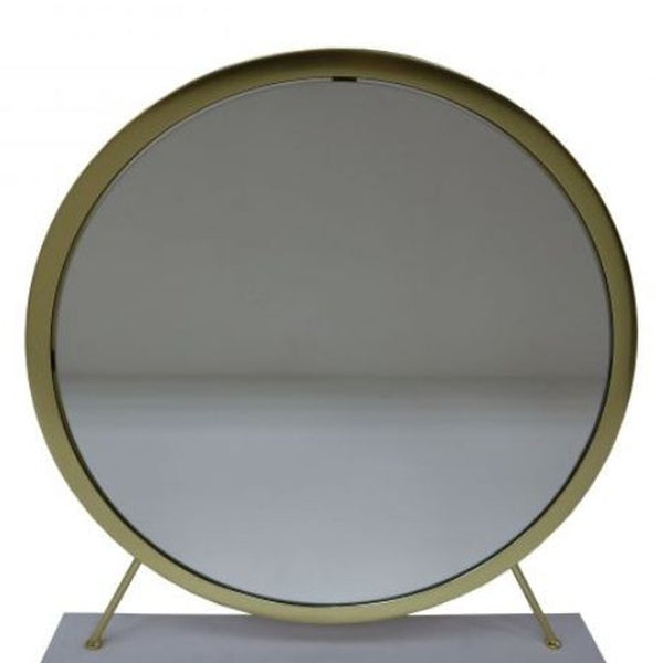 Homeroots 19" Faux Fur, Mirror, White & Brass Finish Round Makeup Shaving Tabletop Mirror  Metal,Mirror,Upholstery,Composite Wood 485938