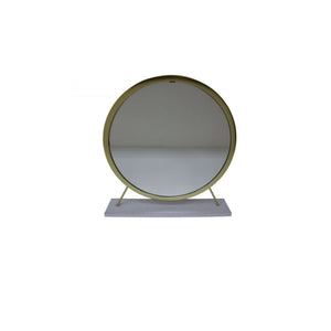 Homeroots 19" Faux Fur, Mirror, White & Brass Finish Round Makeup Shaving Tabletop Mirror  Metal,Mirror,Upholstery,Composite Wood 485938