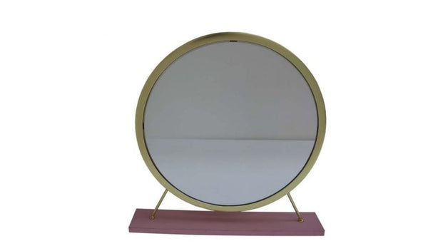 Homeroots 19" Faux Fur, Mirror, Pink & Gold Finish Round Makeup Shaving Tabletop Mirror  Metal,Mirror,Upholstery,Composite Wood 485939