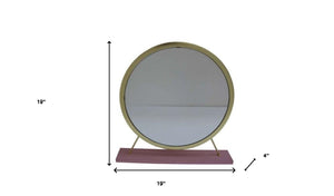 Homeroots 19" Faux Fur, Mirror, Pink & Gold Finish Round Makeup Shaving Tabletop Mirror  Metal,Mirror,Upholstery,Composite Wood 485939