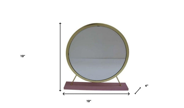 Homeroots 19" Faux Fur, Mirror, Pink & Gold Finish Round Makeup Shaving Tabletop Mirror  Metal,Mirror,Upholstery,Composite Wood 485939