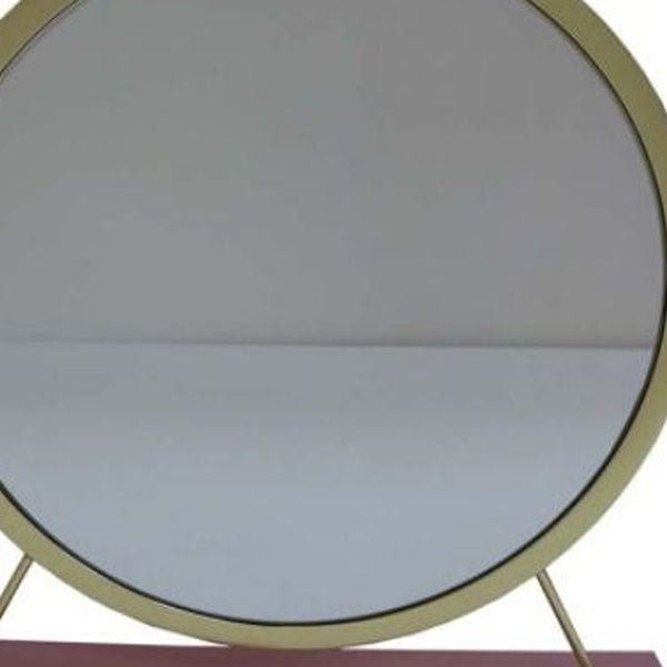 Homeroots 19" Faux Fur, Mirror, Pink & Gold Finish Round Makeup Shaving Tabletop Mirror  Metal,Mirror,Upholstery,Composite Wood 485939