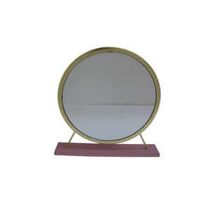 Homeroots 19" Faux Fur, Mirror, Pink & Gold Finish Round Makeup Shaving Tabletop Mirror  Metal,Mirror,Upholstery,Composite Wood 485939