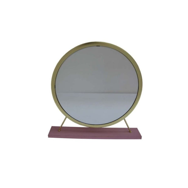 Homeroots 19" Faux Fur, Mirror, Pink & Gold Finish Round Makeup Shaving Tabletop Mirror  Metal,Mirror,Upholstery,Composite Wood 485939