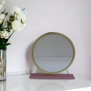 Homeroots 19" Faux Fur, Mirror, Pink & Gold Finish Round Makeup Shaving Tabletop Mirror  Metal,Mirror,Upholstery,Composite Wood 485939