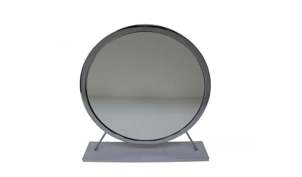 Homeroots 19" Faux Fur, Mirror, White & Chrome Finish Round Makeup Shaving Tabletop Mirror  Metal,Mirror,Upholstery,Composite Wood 485940