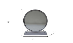 Homeroots 19" Faux Fur, Mirror, White & Chrome Finish Round Makeup Shaving Tabletop Mirror  Metal,Mirror,Upholstery,Composite Wood 485940