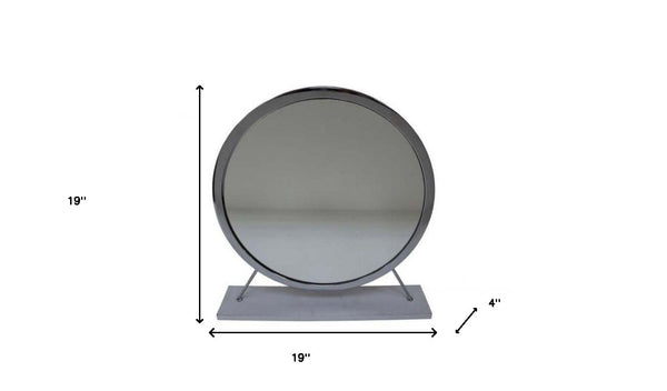 Homeroots 19" Faux Fur, Mirror, White & Chrome Finish Round Makeup Shaving Tabletop Mirror  Metal,Mirror,Upholstery,Composite Wood 485940