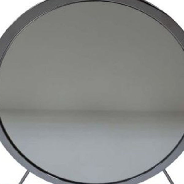 Homeroots 19" Faux Fur, Mirror, White & Chrome Finish Round Makeup Shaving Tabletop Mirror  Metal,Mirror,Upholstery,Composite Wood 485940