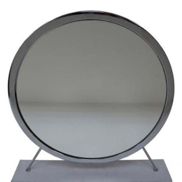 Homeroots 19" Faux Fur, Mirror, White & Chrome Finish Round Makeup Shaving Tabletop Mirror  Metal,Mirror,Upholstery,Composite Wood 485940