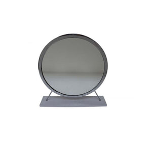 Homeroots 19" Faux Fur, Mirror, White & Chrome Finish Round Makeup Shaving Tabletop Mirror  Metal,Mirror,Upholstery,Composite Wood 485940