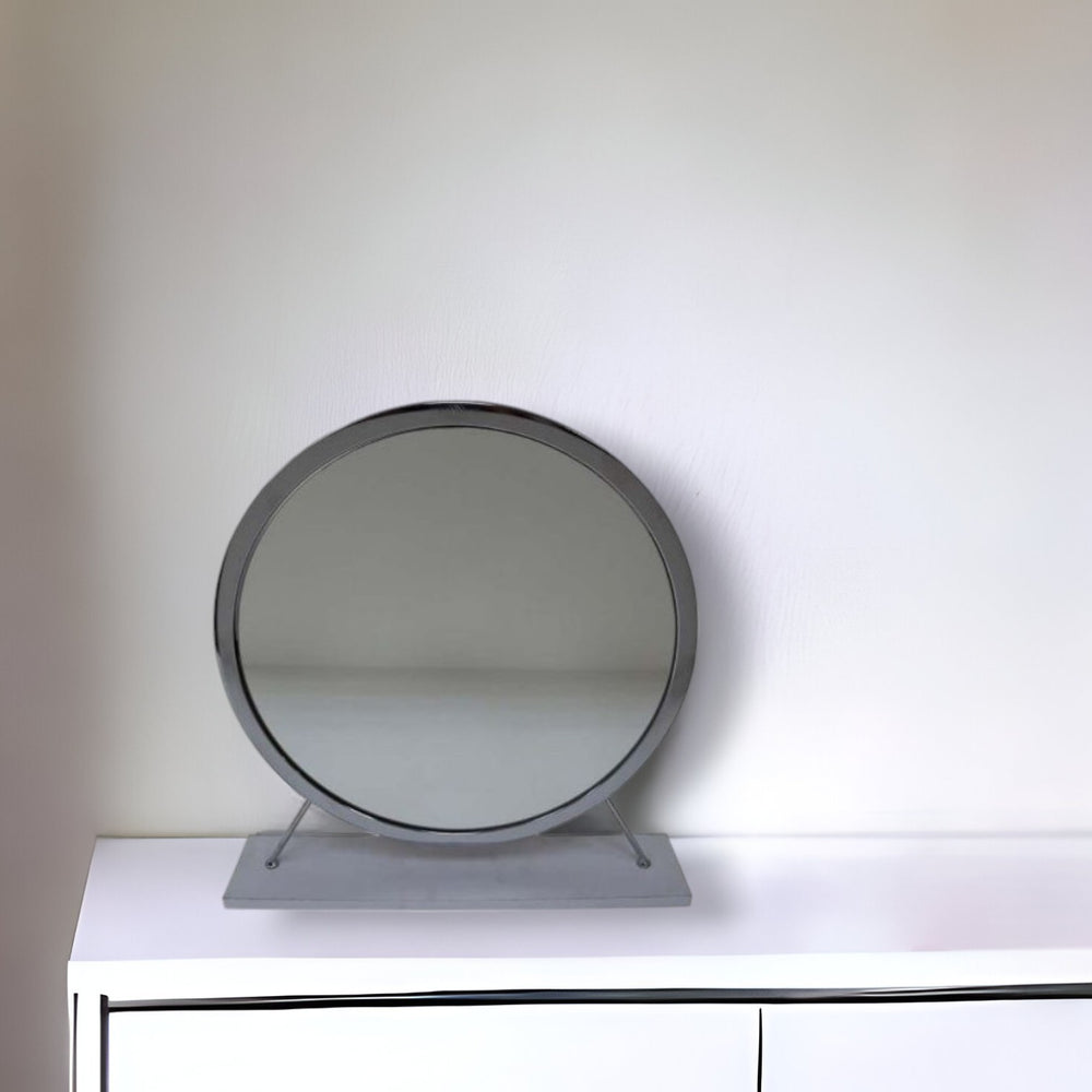 Homeroots 19" Faux Fur, Mirror, White & Chrome Finish Round Makeup Shaving Tabletop Mirror  Metal,Mirror,Upholstery,Composite Wood 485940