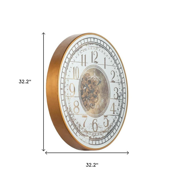 HomeRoots 32" Industrial Vintage Wall Clock with Gold & Silver Metal, Mirror Face, and Exposed Gear Design 485974