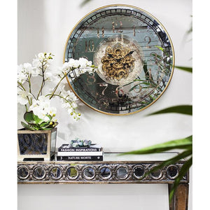 HomeRoots 32" Industrial Vintage Wall Clock with Gold & Silver Metal, Mirror Face, and Exposed Gear Design 485974
